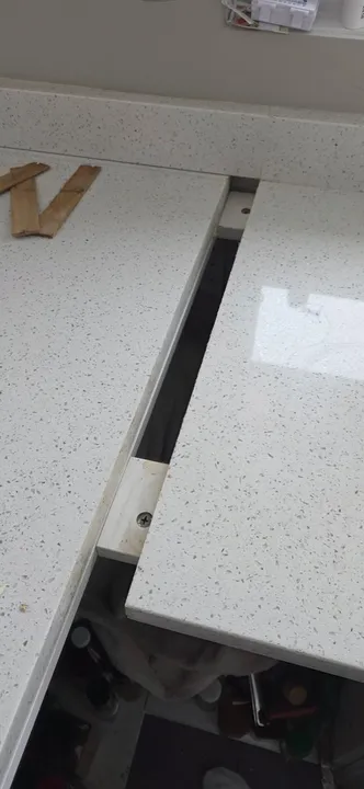Speckled quartz countertop seam before joining