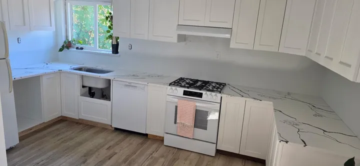 White kitchen with black-veined quartz counters and an apron sink