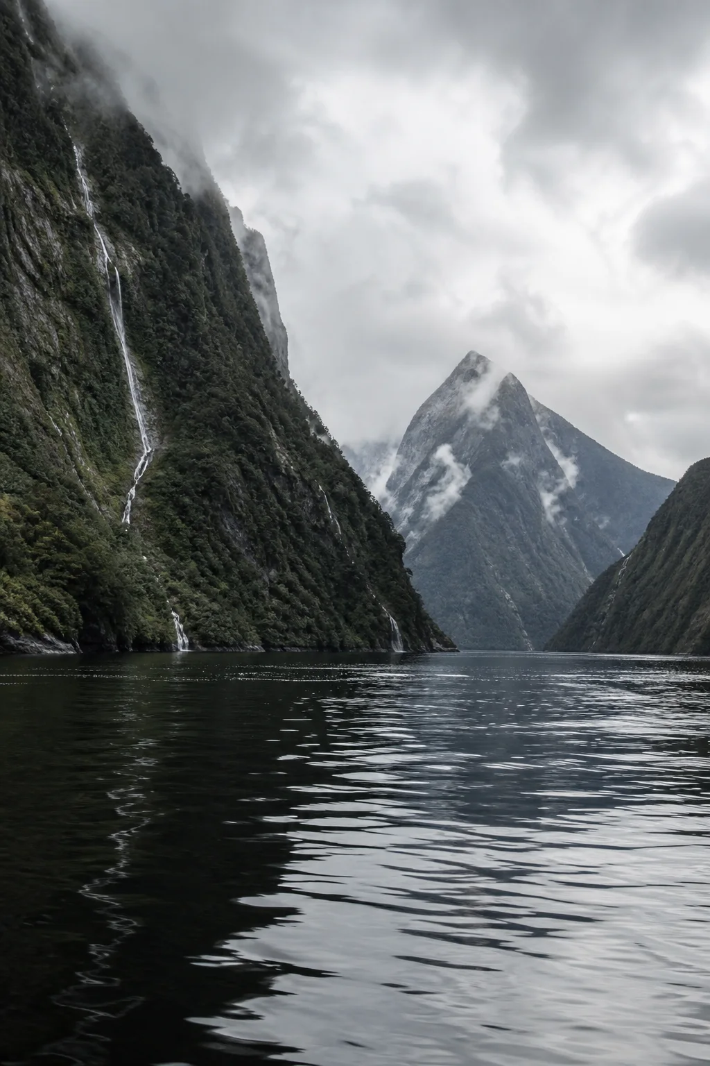 Rainforest cliffs and waterfalls rising above Milford Sound